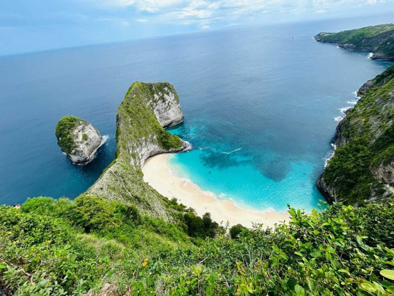 Scenic view of Kelingking Beach from the vegetation covered cliffs of Nusa Penida island.