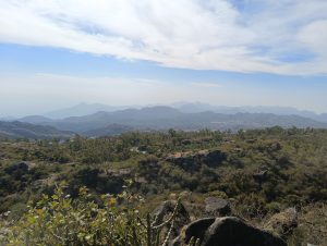 A panoramic view of a hilly landscape with scattered vegetation under a blue sky with thin clouds.