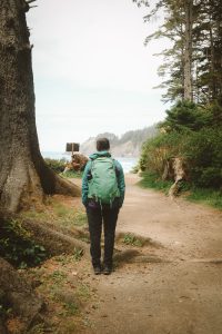 Person with hiking gear on standing amongst trees looking out onto a rocky coast. 