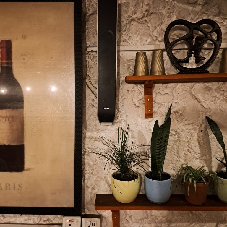 A cozy interior wall featuring a large framed poster of a wine bottle, a soundbar mounted to the wall, a rustic wooden shelf with a decorative hand wheel and two brass-colored vases, and a second shelf holding various potted plants against a textured wall.