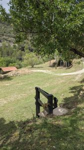 A scenic rural landscape featuring a sloping grassy field with a dirt path winding through it. In the foreground, there is a black wooden handrail with potted plants attached to it, partially shaded by a large overhanging tree. In the background, there are scattered trees and a small structure with a red roof. 