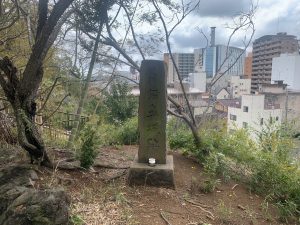 A stone monument on a pedestal on a hill covered in bamboo and trees, with buildings and a grey sky in the background.  千葉県千葉市中央区　亥鼻公園　城址碑　/　Inahana Park, Chuo-ku, Chiba City, Chiba Prefecture Castle Site Monument