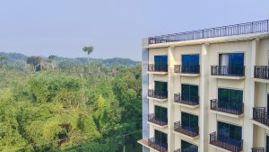 High-rise building with black iron balconies besides the Radanogor forest
