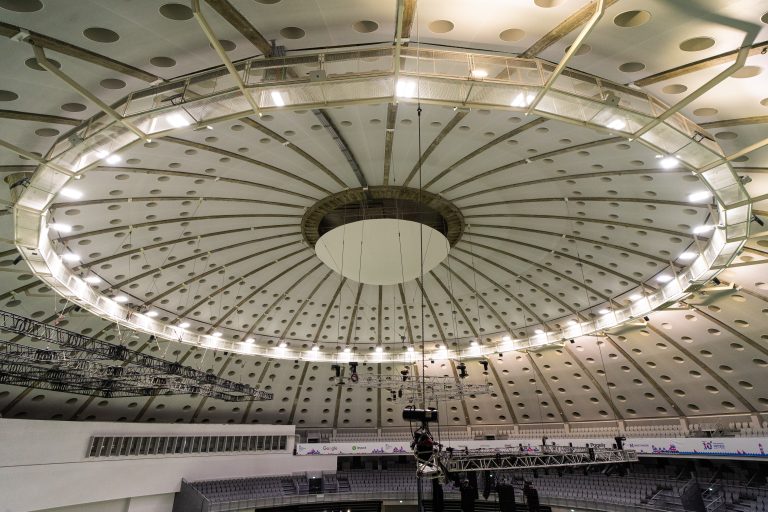 Huge lighting array on a stadium’s top dome