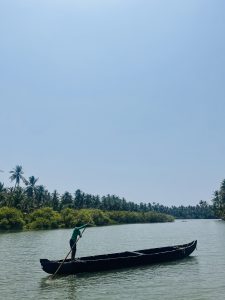 View larger photo: A person standing on a traditional wooden boat, using a long pole to navigate through calm river waters with lush green palm trees lining the banks under a clear blue sky.