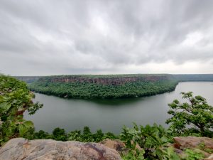 The photo depicts a serene body of water surrounded by plants and trees in Garadia Mahadev, India. The landscape includes a cloudy sky, a lake, and various plants and flowers.