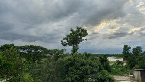 A green landscape under dusky skies