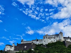 A long view of Fortress Hohensalzburg in the late evening. Located in Salzburg, Austria