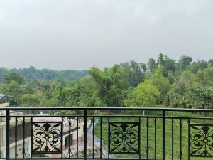 Sylhet forest viewed from a balcony with floral designs
