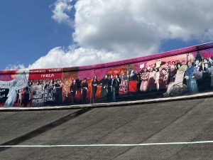 Mural on the banked turn at the rooftop Fiat test track at Lingotto Centro in Torino, Italy