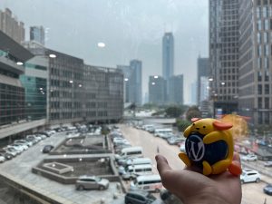 Wapuu in a hand in front of a window. Commercial buildings and car parks can be seen outside.