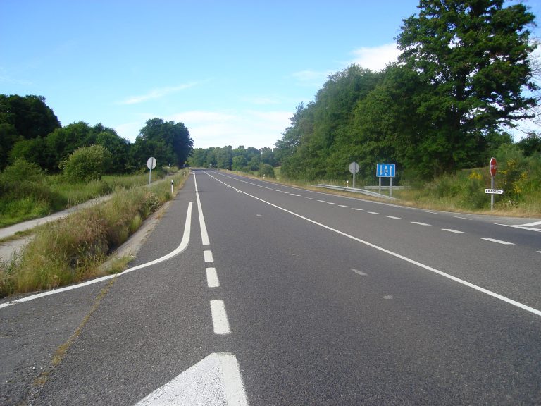 Road without traffic and some traffic signs. Greenery is in both side of the road.