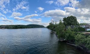 View of the Delaware River between New Hope Pennsylvania and Lambertville New Jersey, with homes on both shores and a partially cloudy sky.