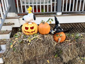 Three pumpkins arranged on a bale of hay. The leftmost pumpkin is carved with a happy face and topped with a figurine of Snoopy and Woodstock from "Peanuts." The middle pumpkin is uncarved.