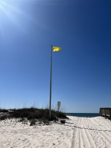View across a sand dune towards a beach with a wooden walkway on the right, grassy dune to the left, and a flagpole with a yellow caution beach warning flag flying (Gulf Shores, Alabama)