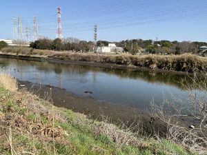 Hanami River Canal, surrounded by dry vegetation and shrubs. Several utility towers, including a red and white one, stand in the background, with power lines stretching across the sky.