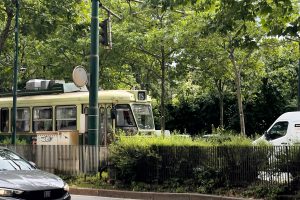 一辆标有数字15的老式绿色电车停在一个被绿树和灌木丛包围的车站。电车附近可以看到一辆黑色菲亚特汽车和一辆白色面包车，头顶上有一个红绿灯。