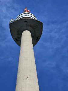 Close view of Danube Tower from its bottom level. From Vienna, Austria. 