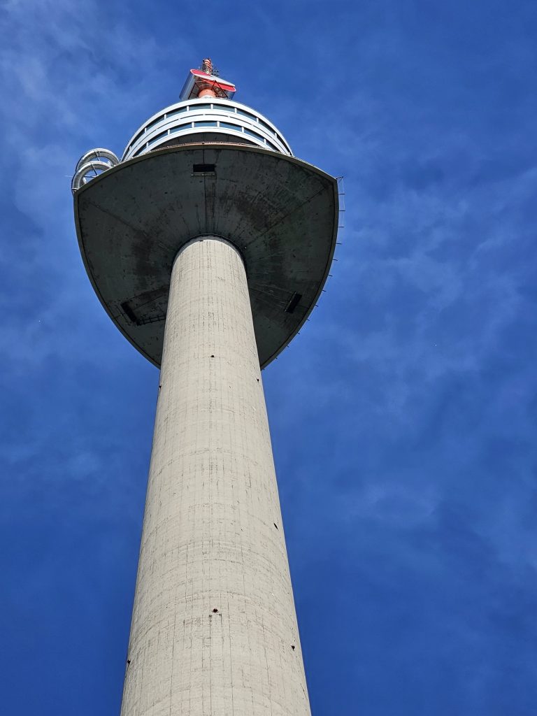 Close view of Danube Tower from its bottom level. From Vienna, Austria.