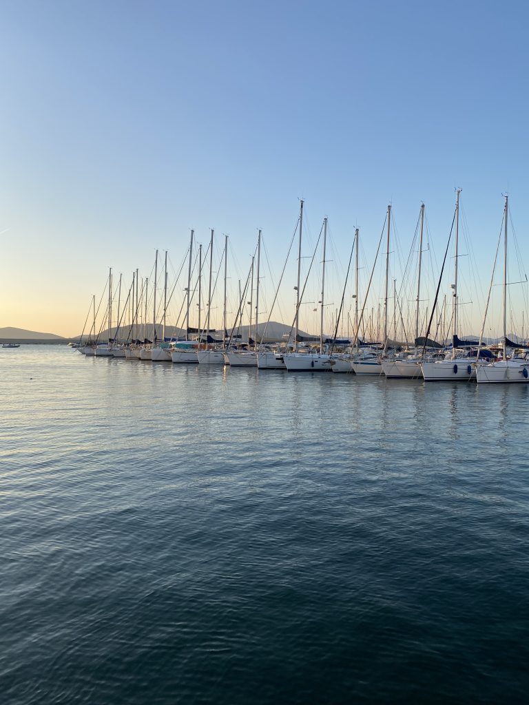 Sailboats lined up in a Sardinian marina with calm water in the foreground and a clear sunset or sunrise sky in the background.