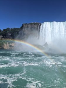 Waterfall from the edge and rainbow