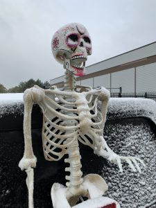 Skeleton torso with Day of the Dead designs on its skull on the back of a Jeep with early morning frost, snow, and ice coating