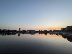 Sunset reflecting off the water at Rummelsburg in Berlin
