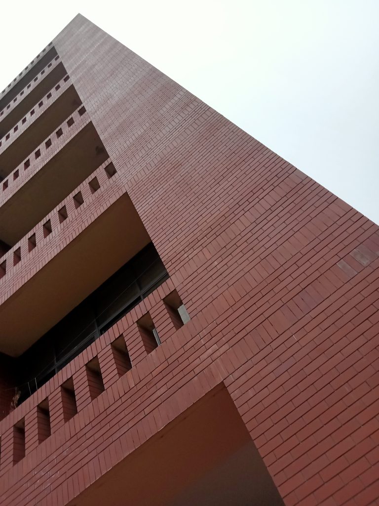 A low-angle perspective of a tall red brick building at Jahangirnagar University with evenly spaced square openings near the top floors, extending upwards against a cloudy sky.