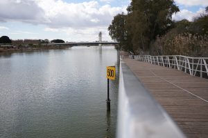 A wooden boardwalk with metal railings runs alongside a calm river. A yellow sign with the number "500" is positioned in the water. Trees and shrubs line the riverbank on the right side, while a bridge and a tower are visible in the background