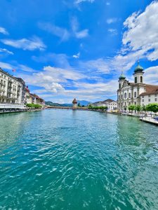 A long view of the kapellbrücke aka chapel bridge in the reuss river. From lucerne, switzerland. 