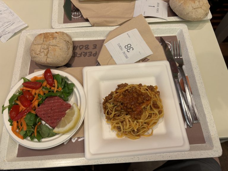 Food from an Italian “fast food” restaurant. Pasta with marinara, steak tartar with fresh vegetables.