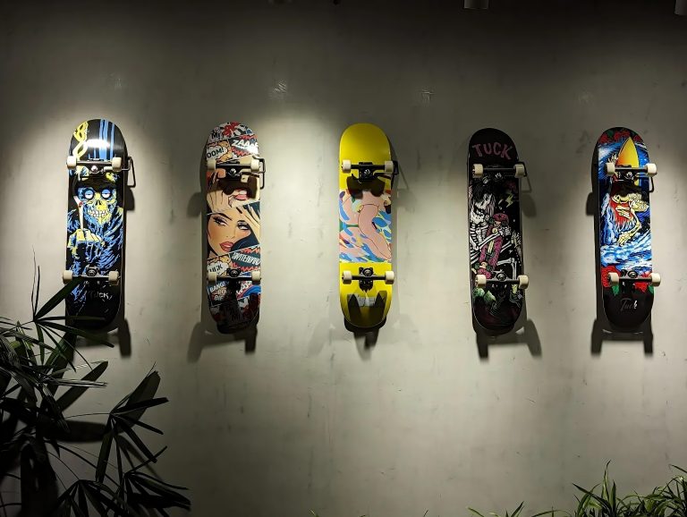 five skate boards hanging on a wall lit up as artwork