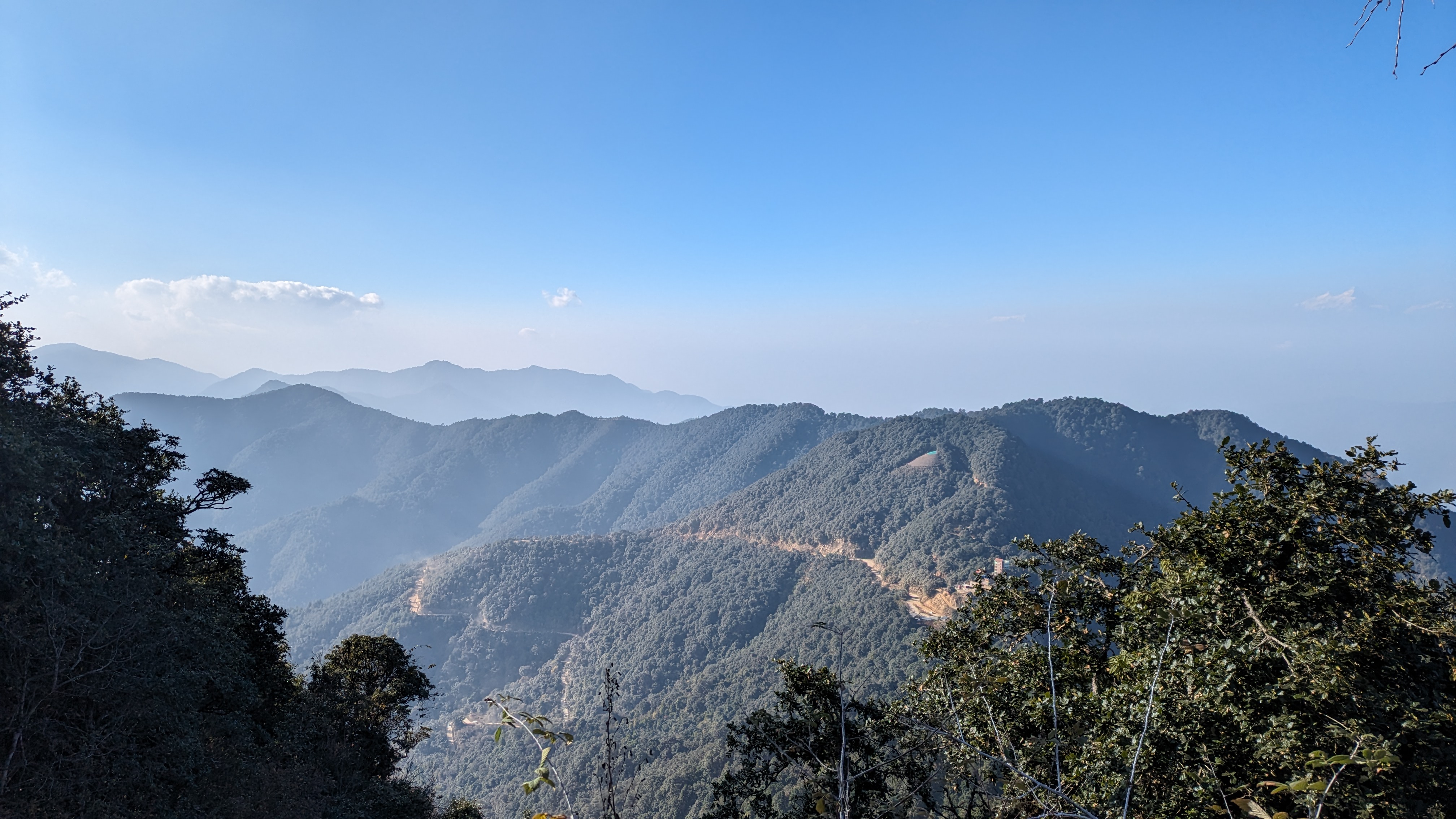 View of forest-covered mountains in Nepal, with some nearby trees, and a blue sky with some clouds.