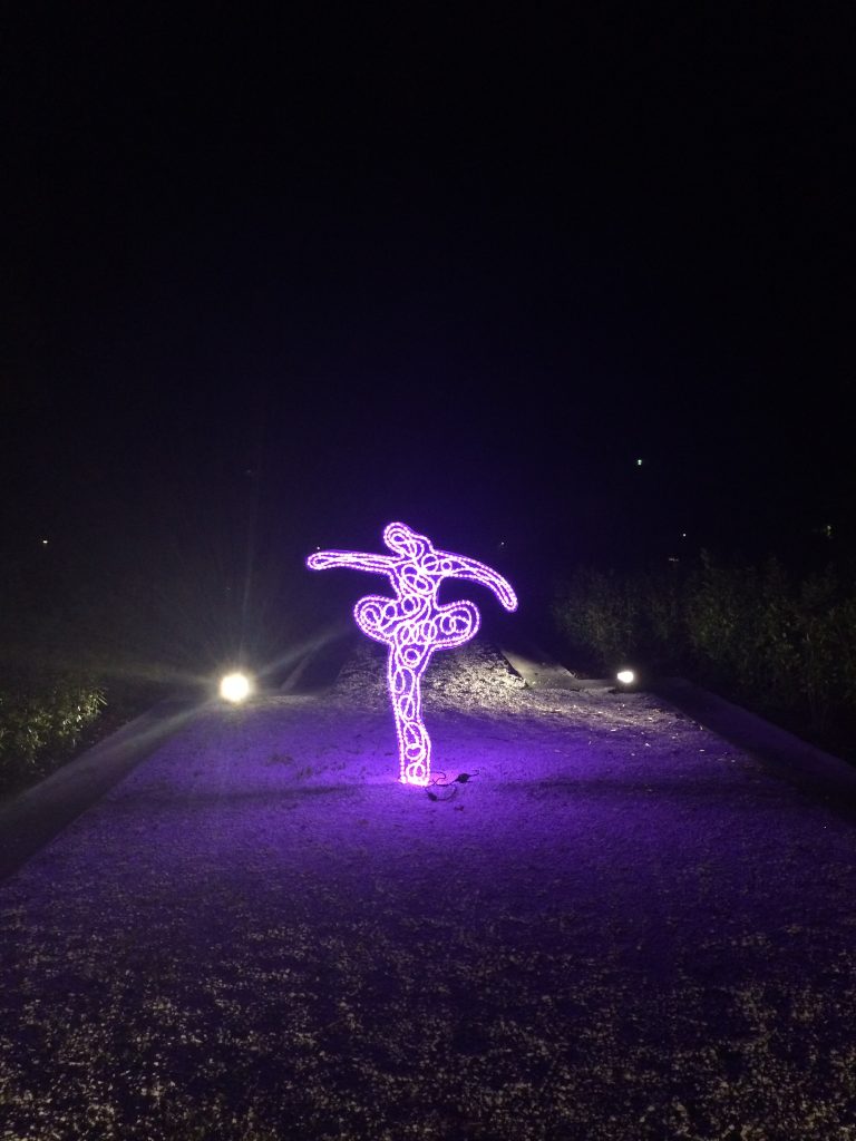 Purple rope lights wrapped into a figure of a ballerina on a nightscape background