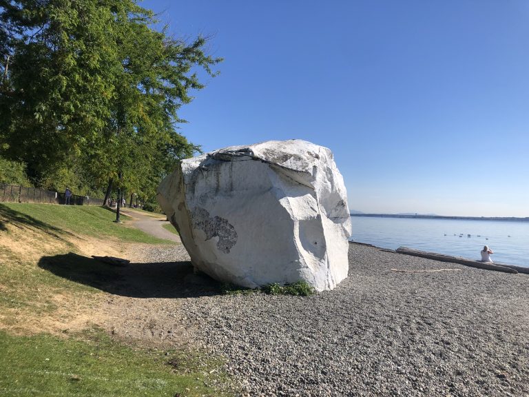 Scenic view of White Rock, British Columbia, showcasing the iconic white rock on the beach, a long pier extending into calm waters, and a vibrant waterfront with shops and restaurants under a clear sky.