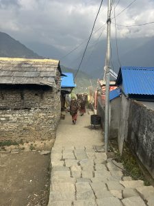 A narrow, stone-paved alley in a mountainous village with stone houses and blue metal roofs. Two people are walking away, carrying large baskets on their backs.