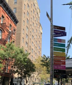 位于纽约格林威治村克里斯托弗街（也称为同性恋街）的以自豪为主题的街道招牌

