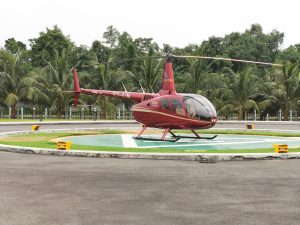 A red helicopter is parked on a helipad surrounded by lush green palm trees and other vegetation. The helipad is marked with a green and white pattern.
