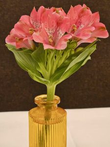 Pink colour Alstroemeria Amposta flowers as table decoration. Night view from a Vienna restaurant. 