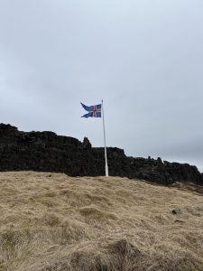 Iceland flag flying above a hill of dried grasses and a rock fault line in the background (Thingvellir National Park, Bláskógabyggð, Iceland)