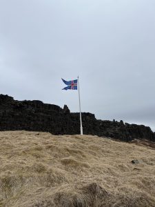 Iceland flag flying above a hill of dried grasses and a rock fault line in the background (Thingvellir National Park, Bláskógabygge, Iceland)