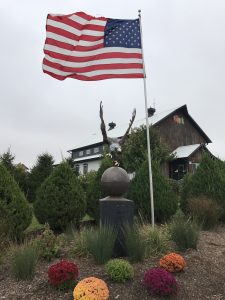 American flag flying in front of a large brown barn with an eagle sculpture and mums in the foreground (Kuipers Family Farm, Maple Park, Illinois)