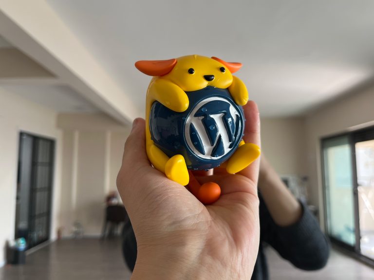 Wapuu in hand in front of a mirror