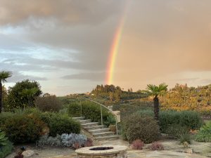 A backyard garden features a stone pathway leading up to a terrace with lush greenery, including various bushes and palm trees. In the background, a vivid rainbow arcs across a partly cloudy sky. Fallbrook, California