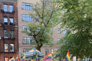 A photograph of the historic Stonewall Park in New York with visible pride flags 