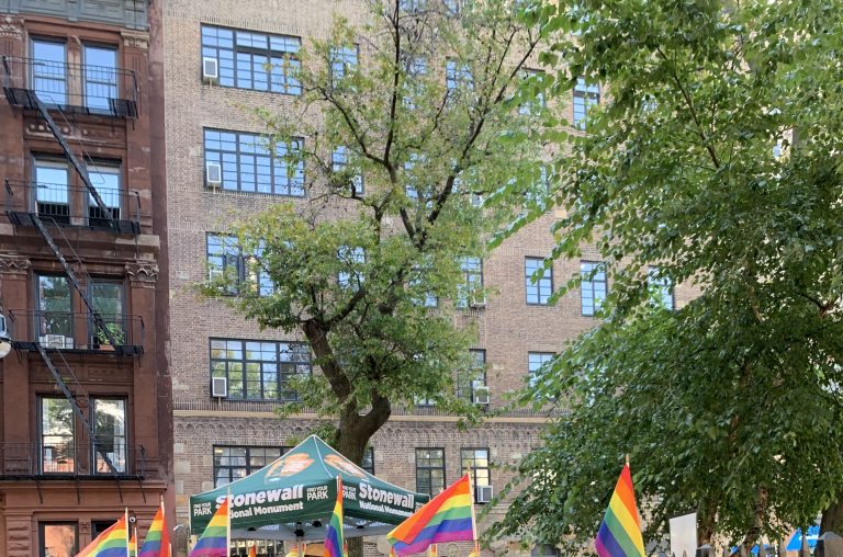 A photograph of the historic Stonewall Park in New York with visible pride flags