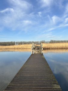 Pier leading onto the water with grass lands in the background and cloudy but sunny skies above.