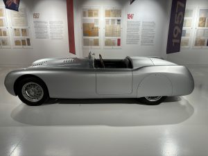 View larger photo: Sleek silver convertable car in the Italian Car Museum.