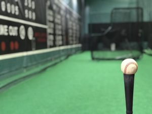 View larger photo: A batting cage with a baseball on a hitting tee in the foreground with an L screen and scoreboard out of focus in the background.