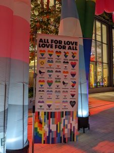 View larger photo: Banner "All for love, love for all", picturing LGBTQ+ Pride flags and what they mean, in front of a building. Several inflatable figures  are visible on both sides of the banner.